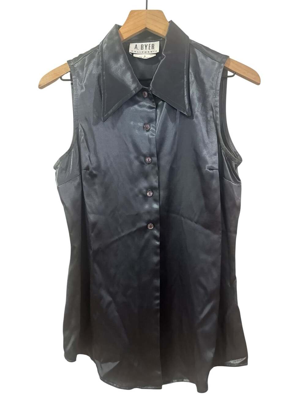 Y2K A. Byer California Vintage Black Satin Sleeveless Collared Blouse M